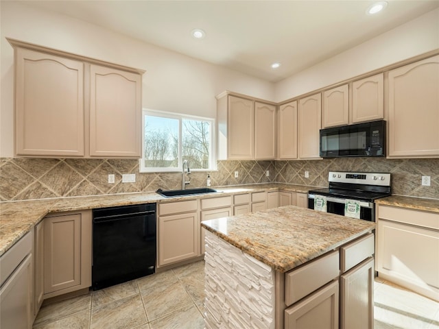 kitchen with sink, black appliances, light brown cabinets, light stone countertops, and tasteful backsplash