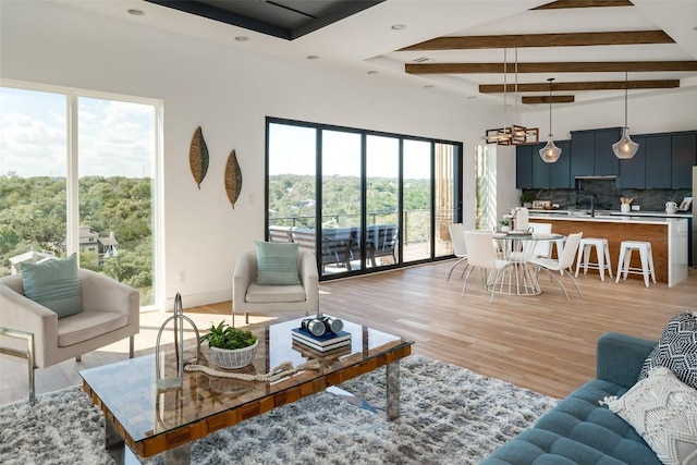 14413 Cochise Trl, Austin, TX 78734 - living room featuring light wood-style floors, healthy amount of natural light, recessed lighting, a tray ceiling, and beam ceiling