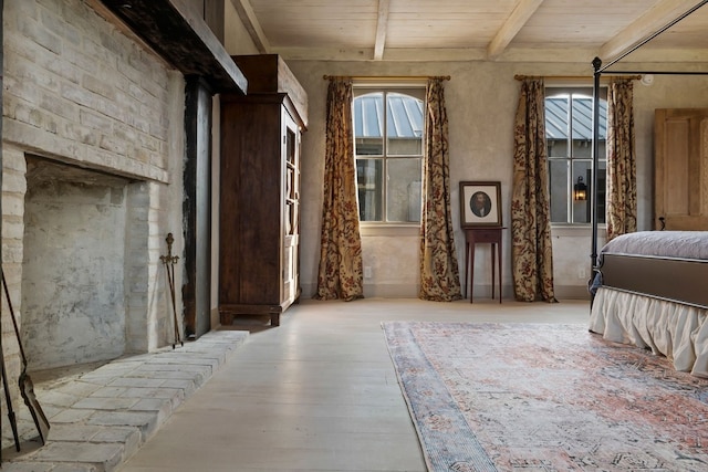 unfurnished bedroom featuring light wood-type flooring, wooden ceiling, and beamed ceiling