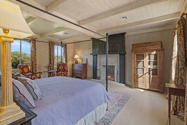 bedroom featuring visible vents, wooden ceiling, wood finished floors, and beam ceiling