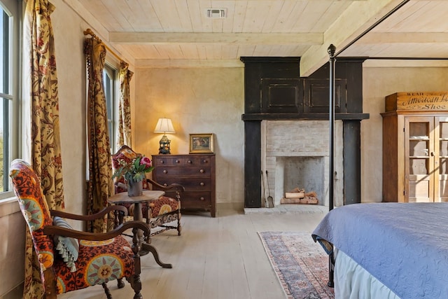 bedroom with wood ceiling, beam ceiling, and visible vents