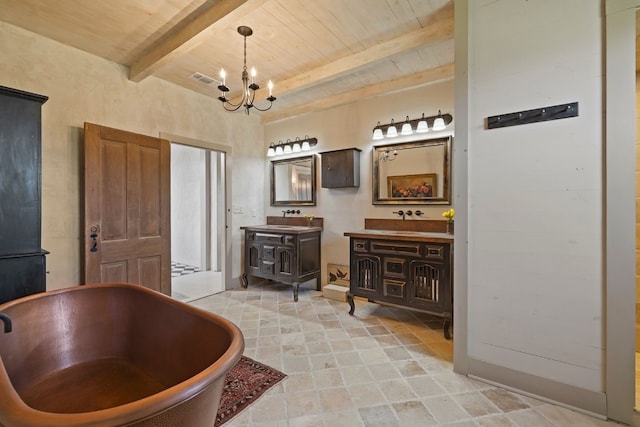 bathroom with wood ceiling, beamed ceiling, a soaking tub, and a wood stove