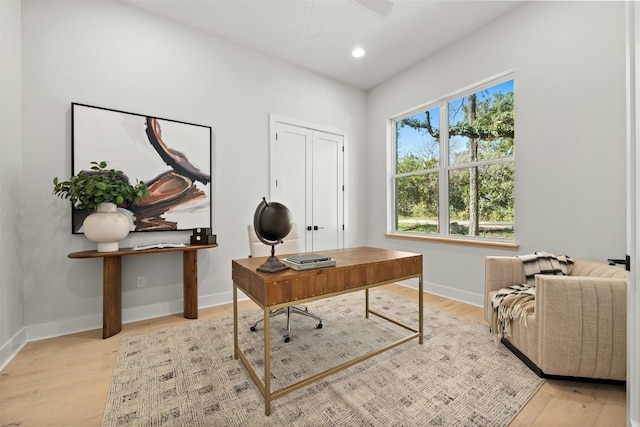 1339 Allen Rd, Austin, TX 78746 - home office with wood finished floors, a ceiling fan, and recessed lighting