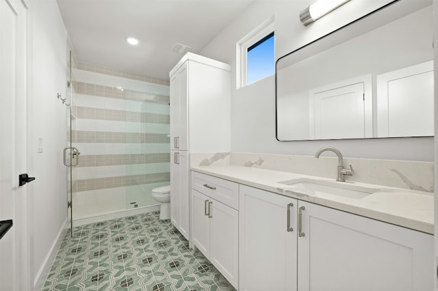 1339 Allen Rd, Austin, TX 78746 - bathroom with vanity, a stall shower, tile patterned floors, and recessed lighting