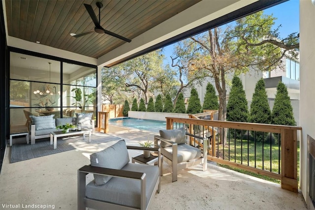 1339 Allen Rd, Austin, TX 78746 - view of patio / terrace featuring a ceiling fan, an outdoor pool, and an outdoor hangout area