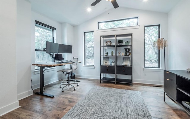 5408 Destination Way, Jonestown, TX 78645 - office space with healthy amount of natural light, a ceiling fan, lofted ceiling, and wood finished floors