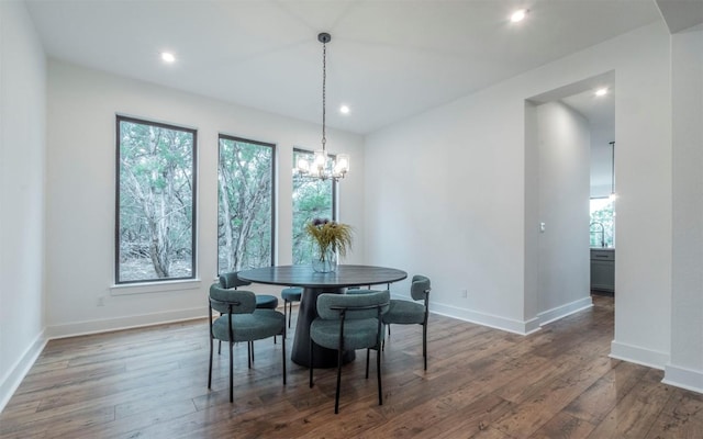 5408 Destination Way, Jonestown, TX 78645 - dining area featuring healthy amount of natural light, wood finished floors, a chandelier, and recessed lighting