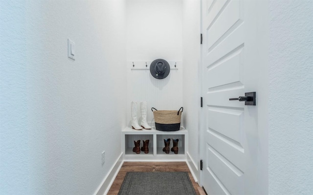 5408 Destination Way, Jonestown, TX 78645 - mudroom featuring dark wood finished floors and a textured wall