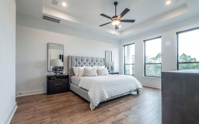 5408 Destination Way, Jonestown, TX 78645 - bedroom featuring a tray ceiling, dark wood-type flooring, and a ceiling fan