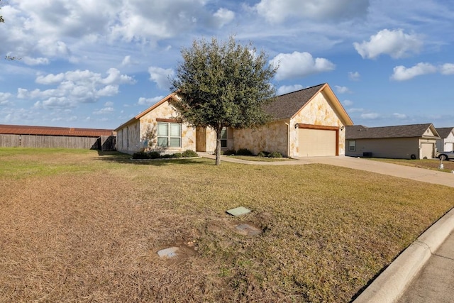 ranch-style home featuring stone siding, fence, and a front yard