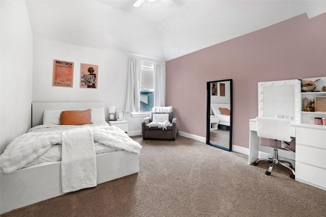 bedroom with carpet, vaulted ceiling, and ceiling fan