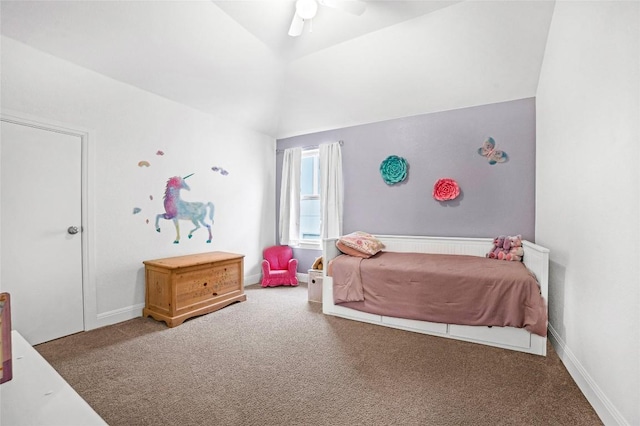 carpeted bedroom featuring lofted ceiling and ceiling fan