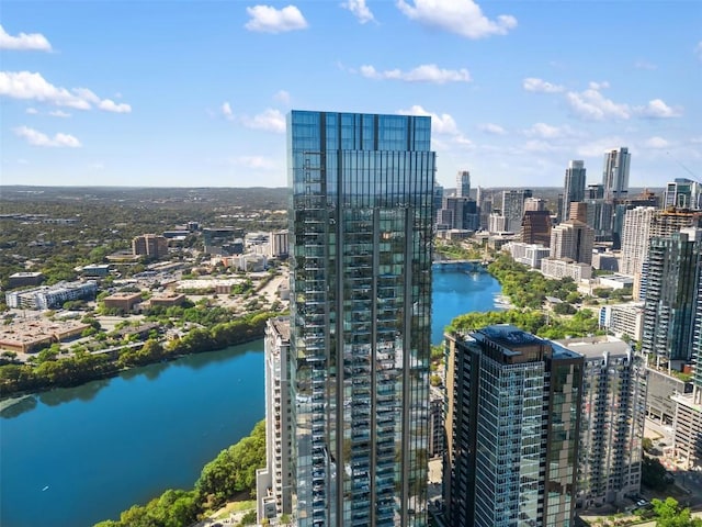 drone / aerial view with a water view