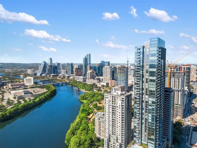 bird's eye view with a water view