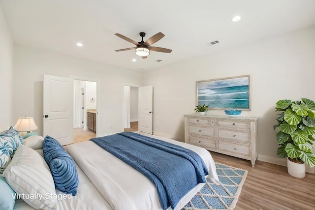 bedroom with recessed lighting, visible vents, a ceiling fan, light wood-style floors, and baseboards