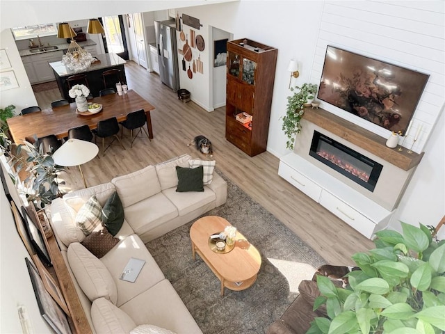 living room with light wood-type flooring and a glass covered fireplace