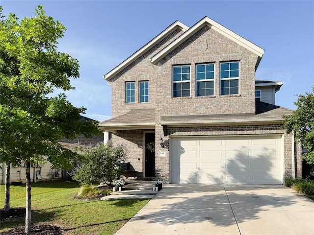 249 Earl Keen St, Leander, TX 78641 - view of front facade with concrete driveway, brick siding, an attached garage, a front lawn, and a shingled roof