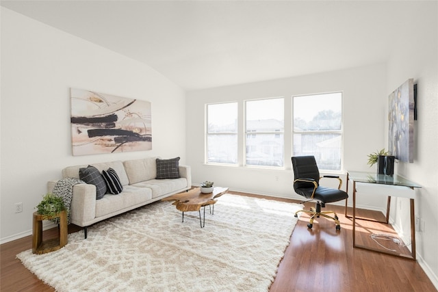 living room with hardwood / wood-style floors and lofted ceiling