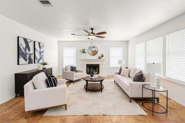 living room with ceiling fan