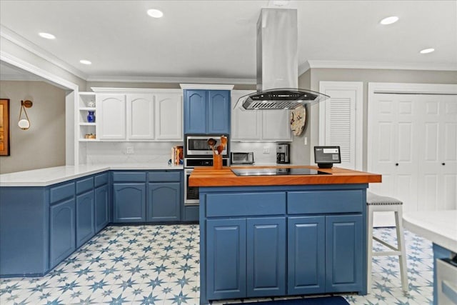 10920 Crown Colony Dr Unit C, Austin, TX 78747 - kitchen featuring island range hood, blue cabinetry, appliances with stainless steel finishes, light floors, and crown molding