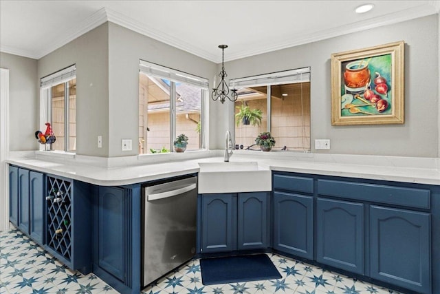 10920 Crown Colony Dr Unit C, Austin, TX 78747 - kitchen featuring dishwasher, blue cabinetry, light floors, a sink, and a chandelier