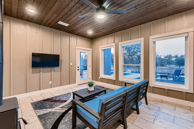 living room with ceiling fan and wood ceiling