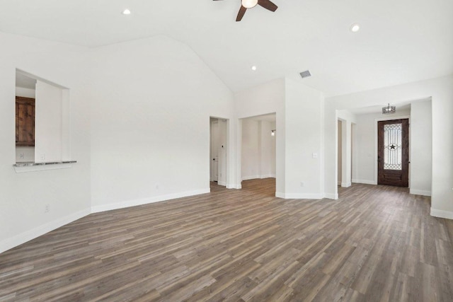 unfurnished living room featuring a ceiling fan, wood finished floors, baseboards, visible vents, and recessed lighting