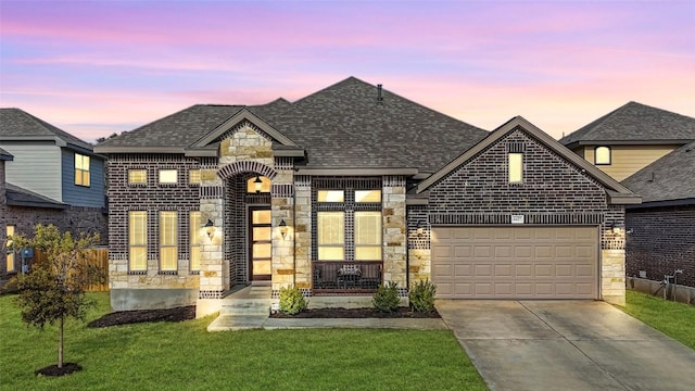 french country style house featuring a yard and a garage