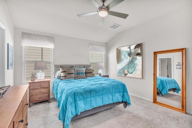 5812 Brampton Ln, Austin, TX 78724 - bedroom featuring light carpet, lofted ceiling, baseboards, and ceiling fan