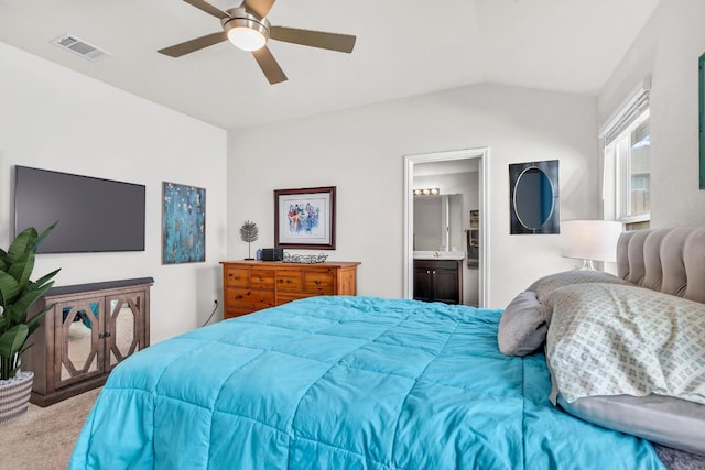 5812 Brampton Ln, Austin, TX 78724 - bedroom with carpet, lofted ceiling, ensuite bath, and ceiling fan