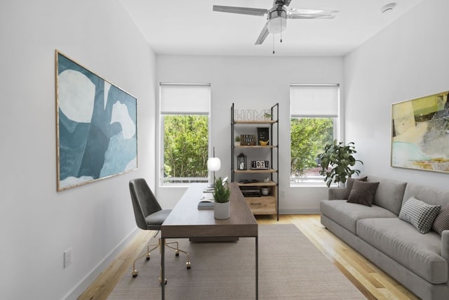 office space with a ceiling fan, baseboards, and wood finished floors