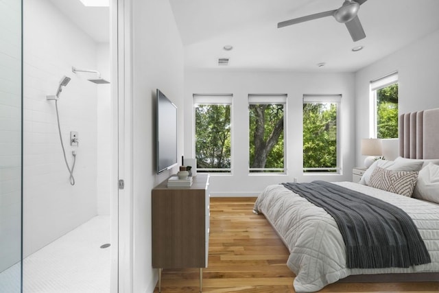 bedroom with ceiling fan, light wood-type flooring, visible vents, and recessed lighting