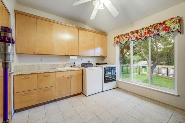 20505 Genessee Cv, Lago Vista, TX 78645 - laundry area featuring cabinet space, independent washer and dryer, and ceiling fan