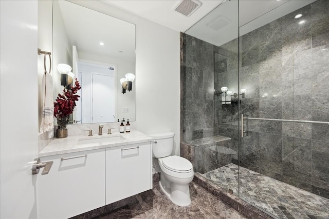 501 W Ave Unit 2904, Austin, TX 78701 - bathroom featuring vanity, tiled shower, recessed lighting, and marble finish floors