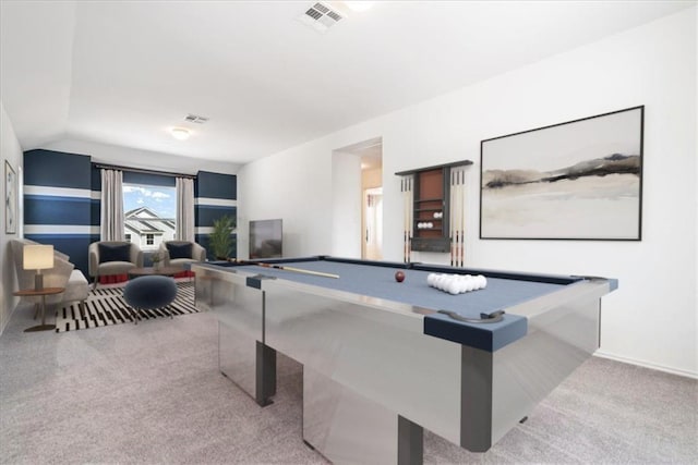 rec room featuring billiards, vaulted ceiling, and light colored carpet