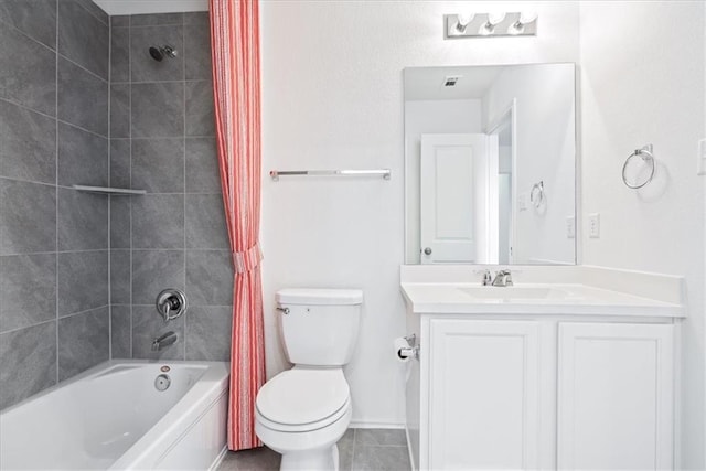 full bathroom with tile patterned flooring, vanity, toilet, and shower / bath combination with curtain