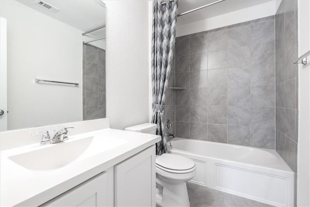 full bathroom with toilet, vanity, and shower / bathtub combination with curtain