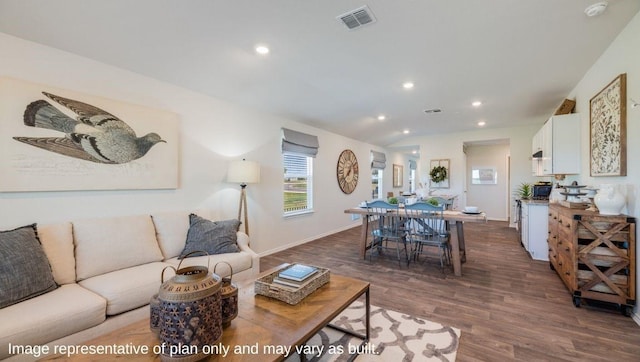 418 Gallaher Bnd, Maxwell, TX 78656 - living area featuring dark wood-style floors and recessed lighting