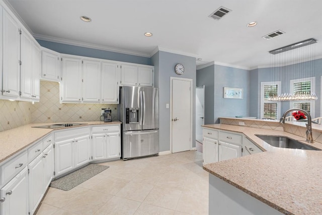 kitchen featuring white cabinetry, sink, stainless steel refrigerator with ice dispenser, and ornamental molding