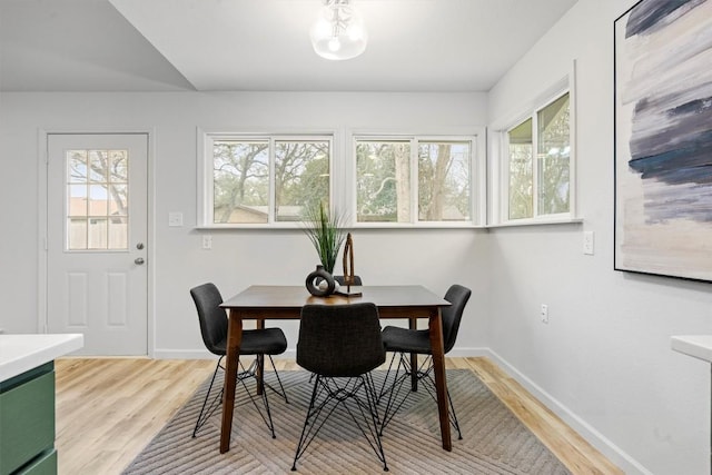 dining space featuring plenty of natural light and light hardwood / wood-style flooring