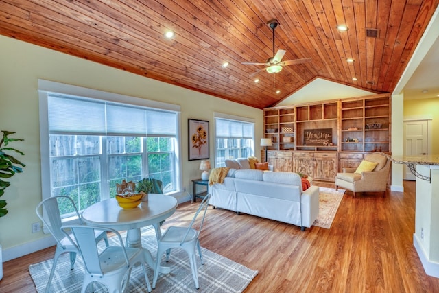 living room with lofted ceiling, built in shelves, light hardwood / wood-style floors, wooden ceiling, and ceiling fan