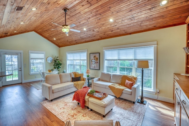 living room featuring ceiling fan, light hardwood / wood-style flooring, vaulted ceiling, and wooden ceiling