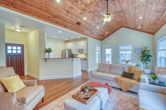 living room with ceiling fan, vaulted ceiling, light hardwood / wood-style floors, and wood ceiling