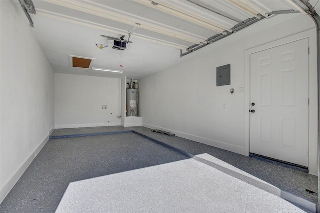 garage with electric panel, water heater, and a garage door opener