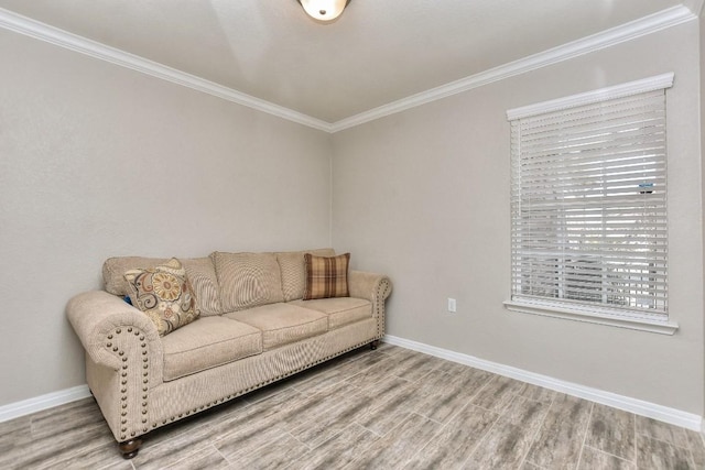 living room featuring hardwood / wood-style flooring and crown molding