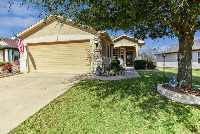 300 Sheldon Lake Dr, Georgetown, TX 78633 - view of front facade featuring an attached garage, a front yard, driveway, stone siding, and stucco siding