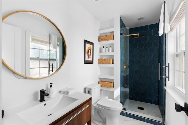 1508 E 11th St, Austin, TX 78702 - bathroom featuring vanity, a shower stall, tile patterned flooring, and built in features