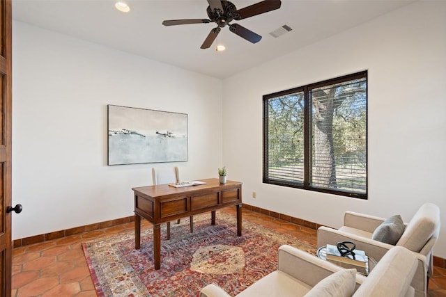 tiled office featuring baseboards, recessed lighting, and a ceiling fan