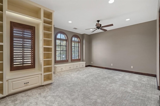 unfurnished room with visible vents, baseboards, ceiling fan, recessed lighting, and light colored carpet