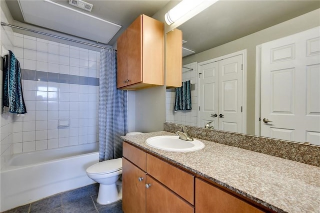 full bathroom with toilet, vanity, shower / tub combo, and tile patterned floors